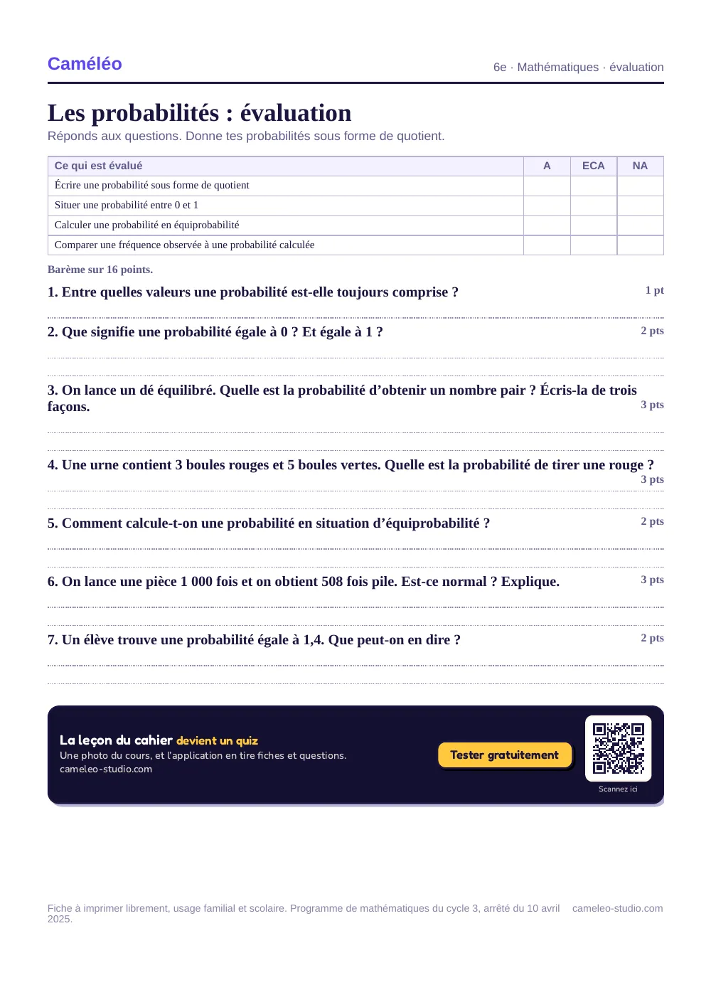 Évaluation à imprimer : L’évaluation à imprimer, avec sa correction, 6e