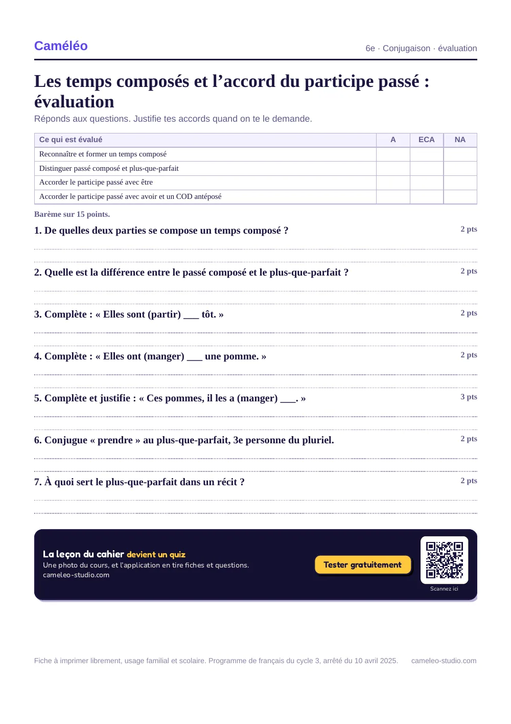 Évaluation à imprimer : L’évaluation à imprimer, avec sa correction, 6e
