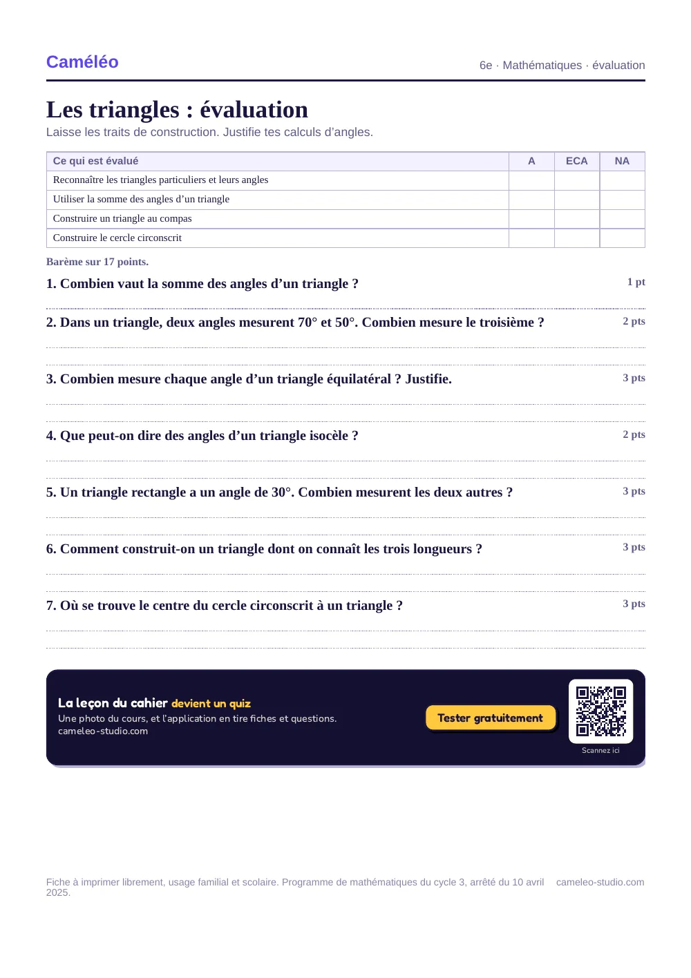 Évaluation à imprimer : L’évaluation à imprimer, avec sa correction, 6e