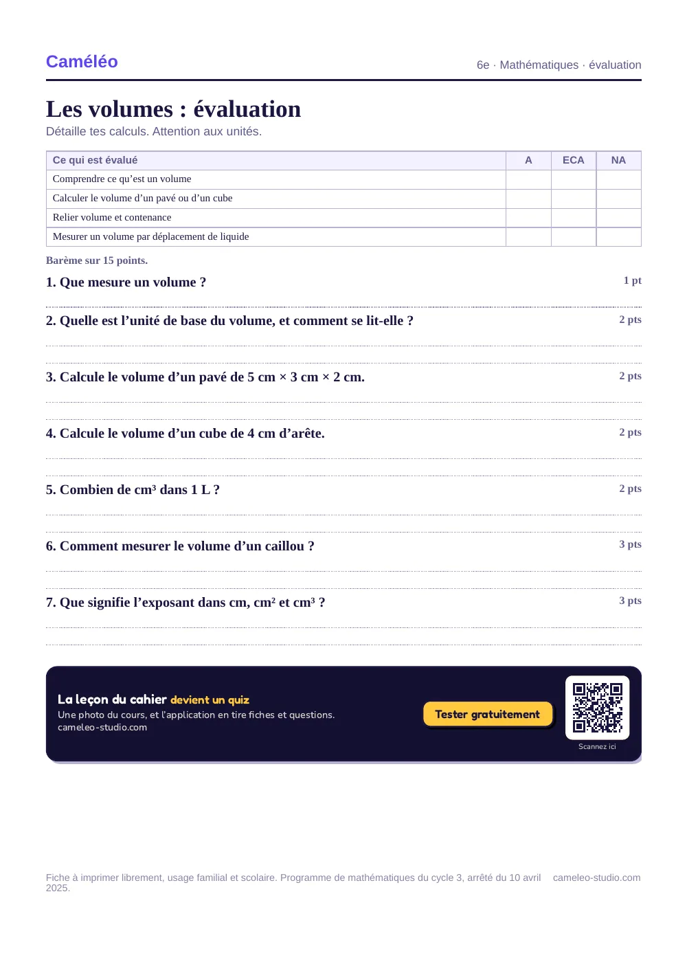 Évaluation à imprimer : L’évaluation à imprimer, avec sa correction, 6e