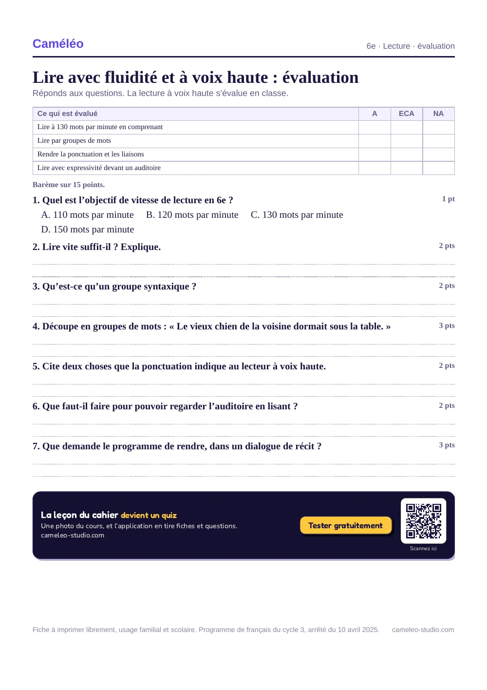 Évaluation à imprimer : L’évaluation à imprimer, avec sa correction, 6e