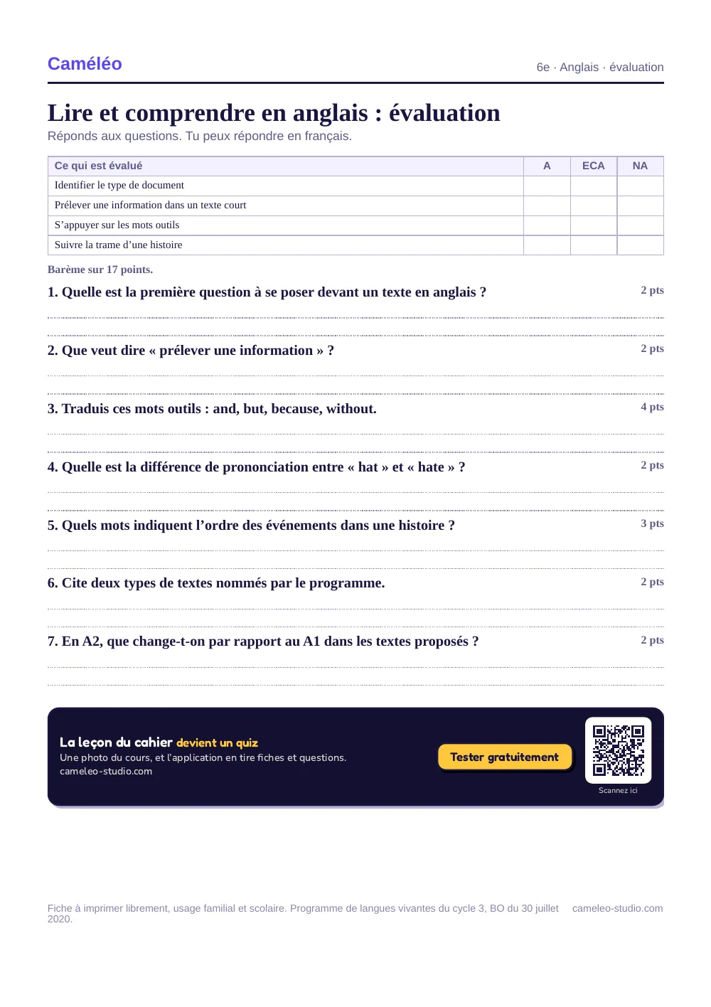 Évaluation à imprimer : L’évaluation à imprimer, avec sa correction, 6e