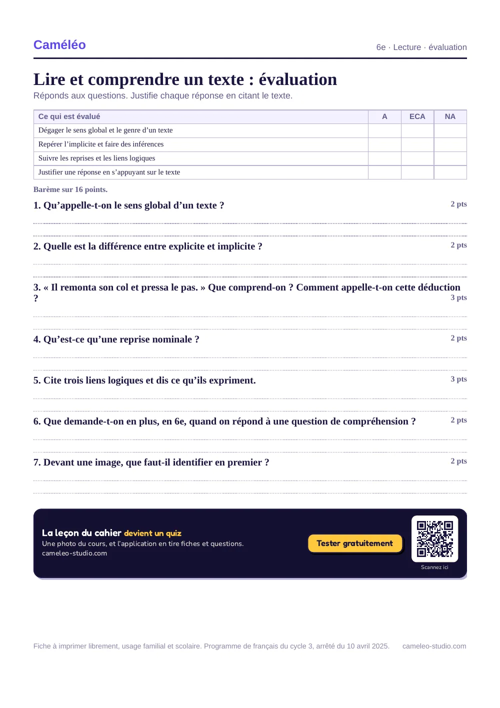 Évaluation à imprimer : L’évaluation à imprimer, avec sa correction, 6e