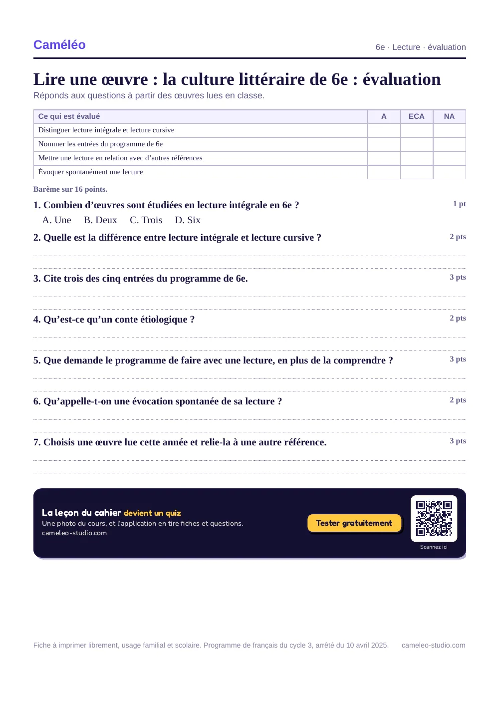 Évaluation à imprimer : L’évaluation à imprimer, avec sa correction, 6e