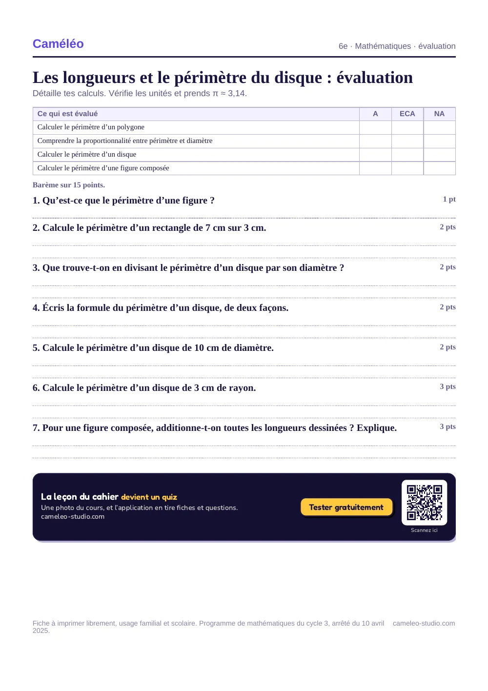 Évaluation à imprimer : L’évaluation à imprimer, avec sa correction, 6e