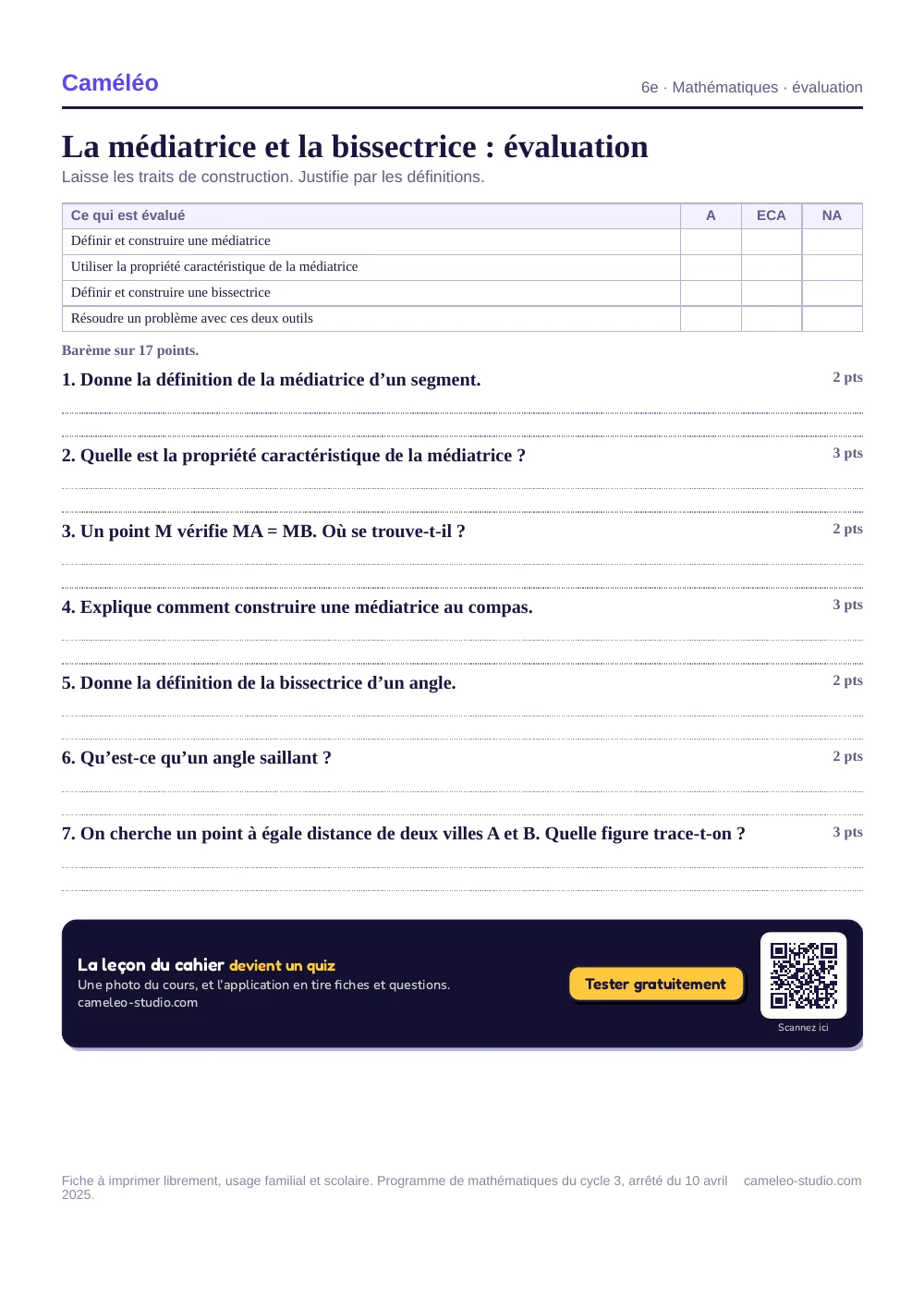 Évaluation à imprimer : L’évaluation à imprimer, avec sa correction, 6e