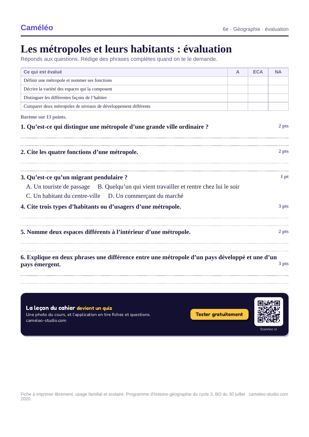 Évaluation à imprimer : L’évaluation à imprimer, avec sa correction, 6e