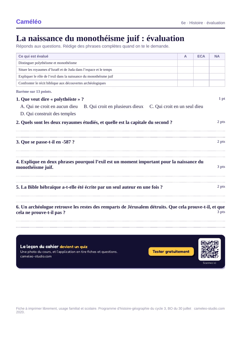 Évaluation à imprimer : L’évaluation à imprimer, avec sa correction, 6e