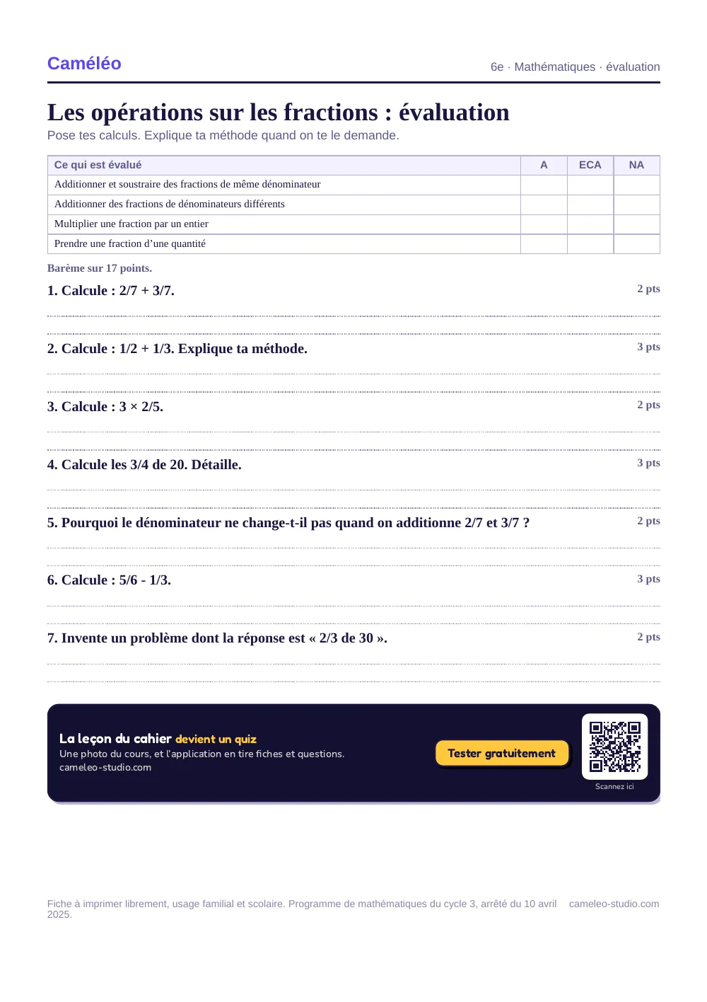 Évaluation à imprimer : L’évaluation à imprimer, avec sa correction, 6e