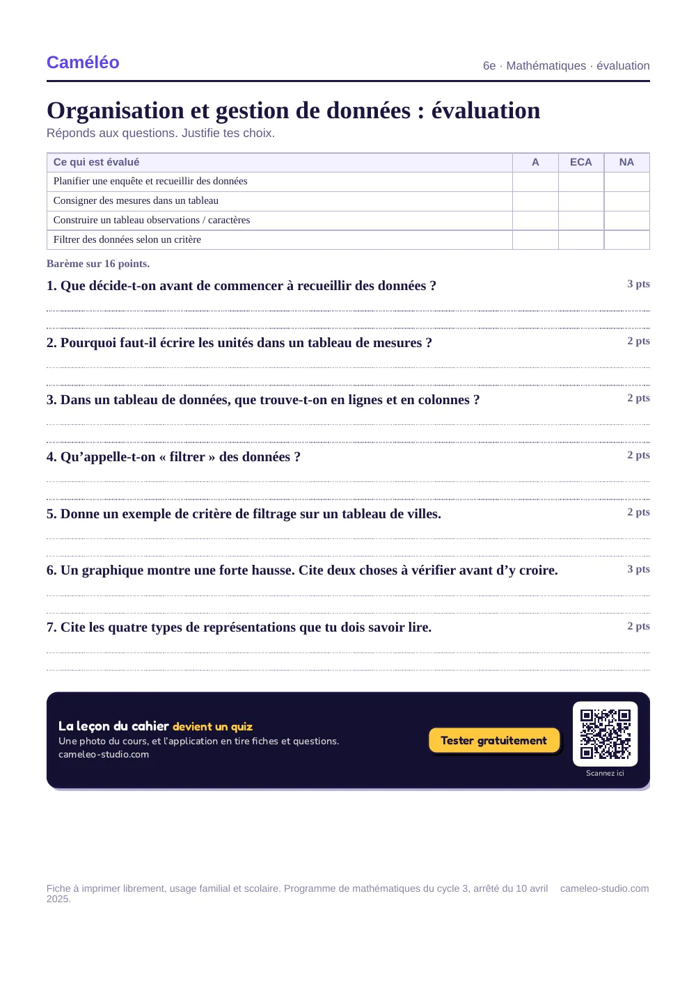 Évaluation à imprimer : L’évaluation à imprimer, avec sa correction, 6e