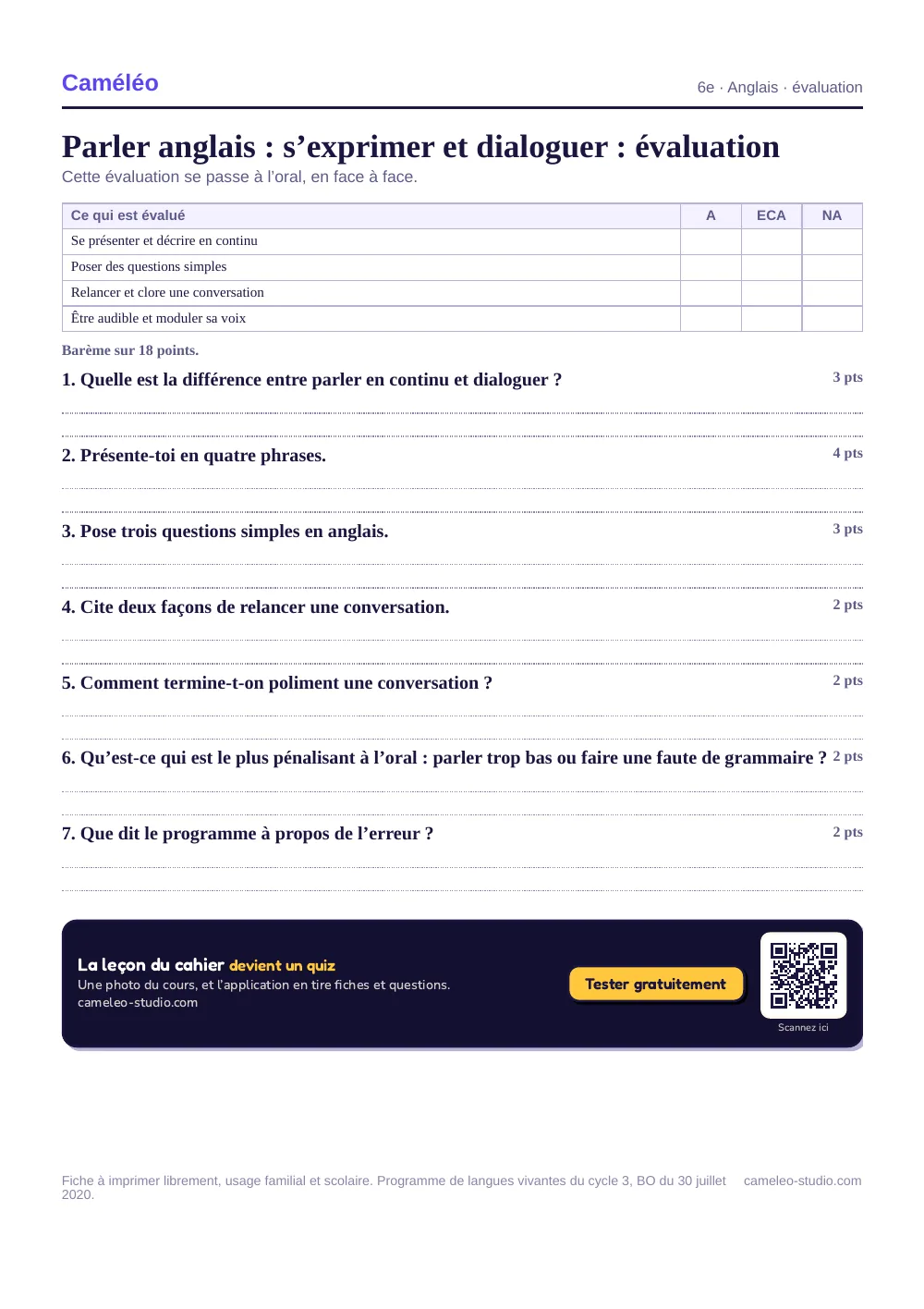 Évaluation à imprimer : L’évaluation à imprimer, avec sa correction, 6e