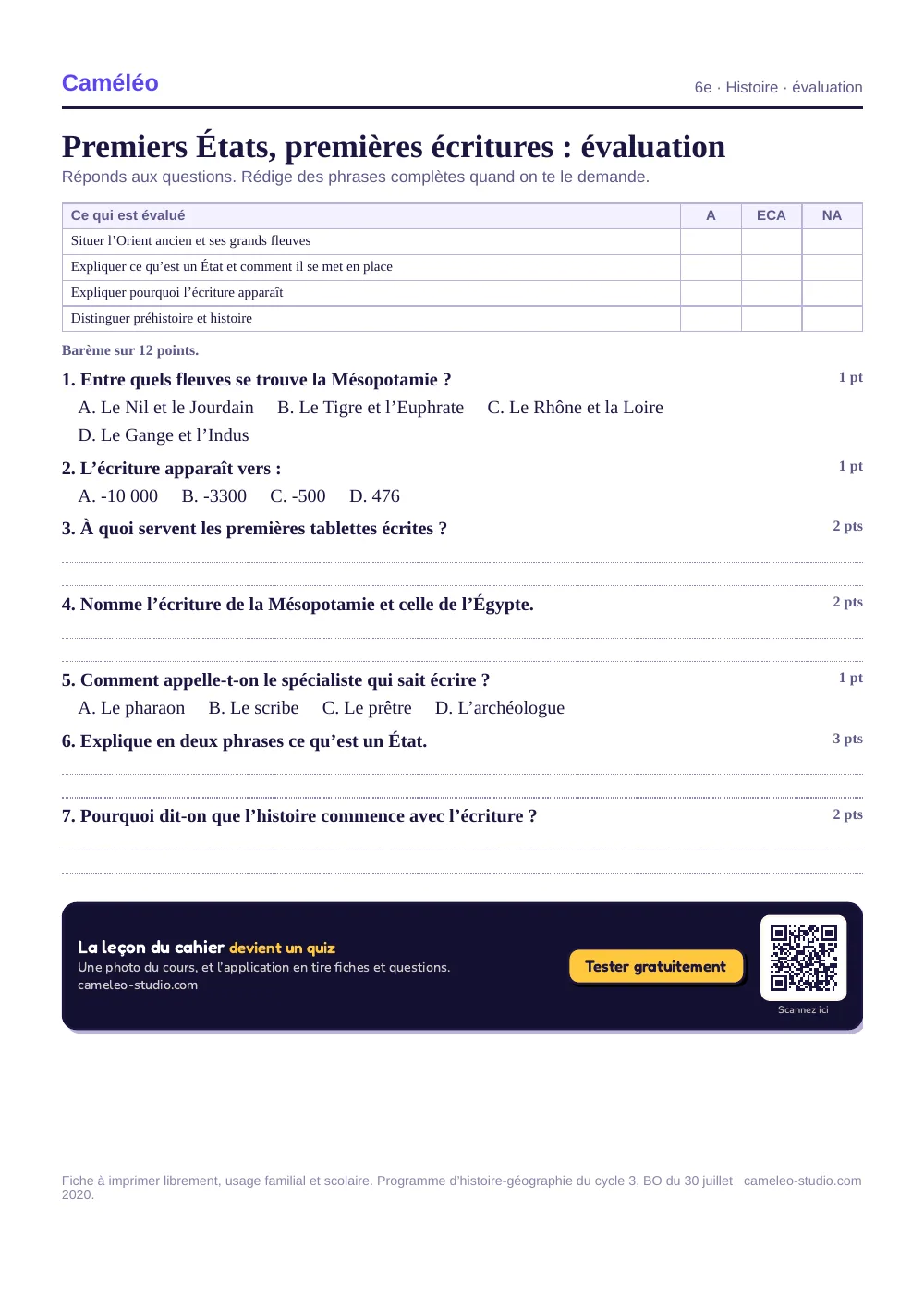 Évaluation à imprimer : L’évaluation à imprimer, avec sa correction, 6e