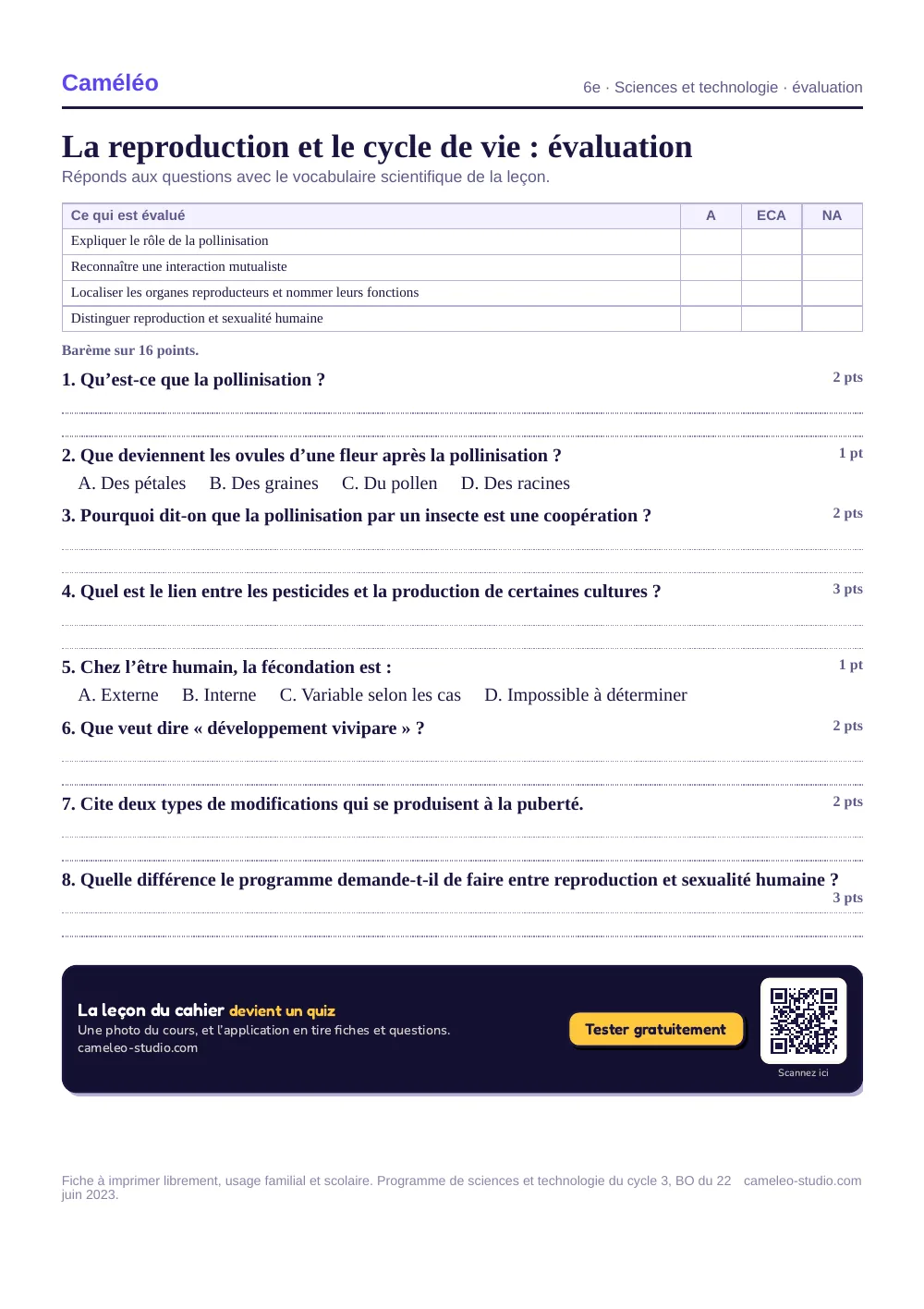 Évaluation à imprimer : L’évaluation à imprimer, avec sa correction, 6e