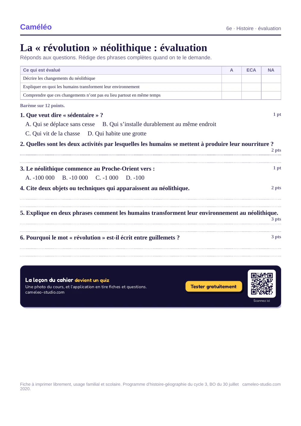 Évaluation à imprimer : L’évaluation à imprimer, avec sa correction, 6e