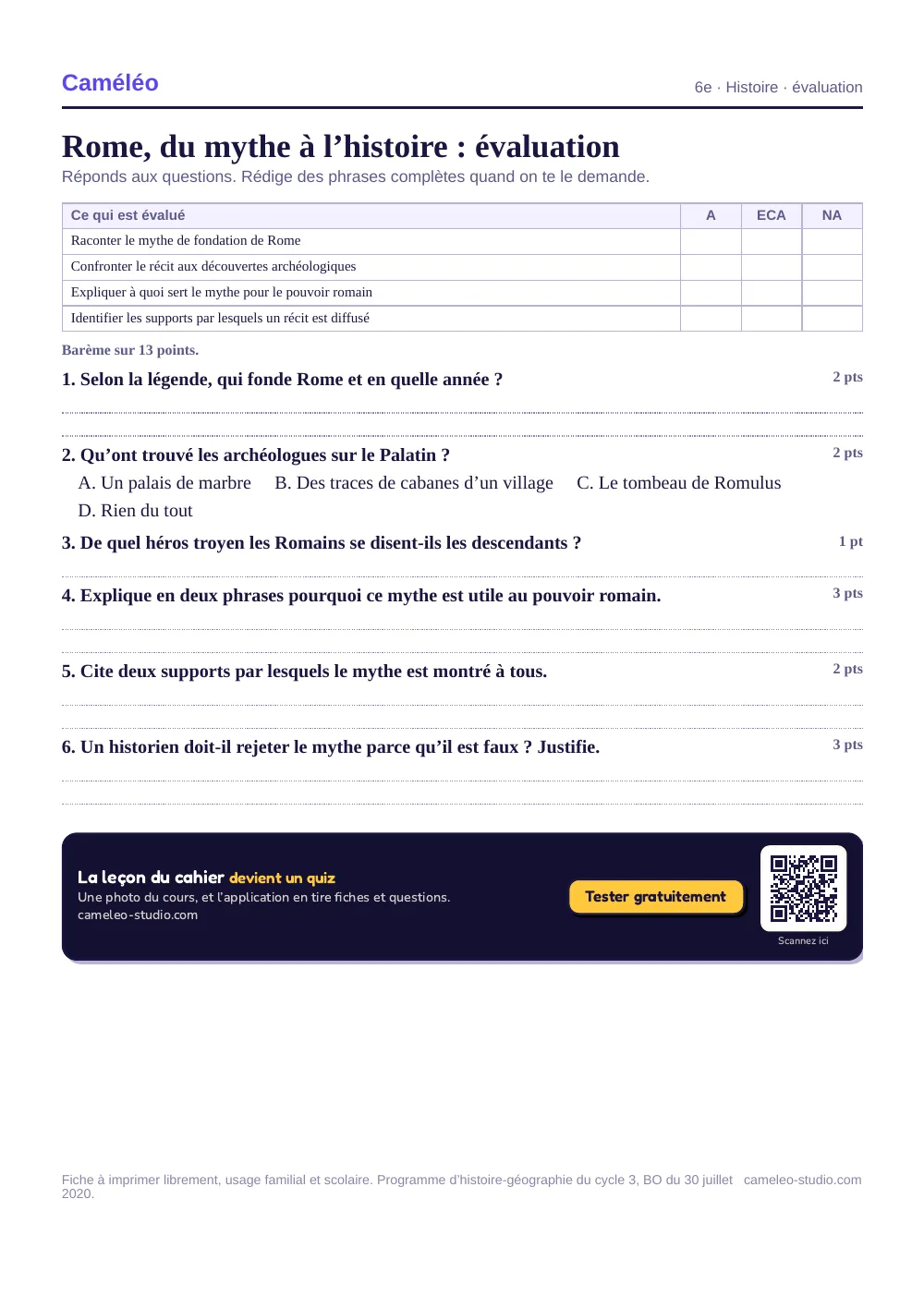 Évaluation à imprimer : L’évaluation à imprimer, avec sa correction, 6e