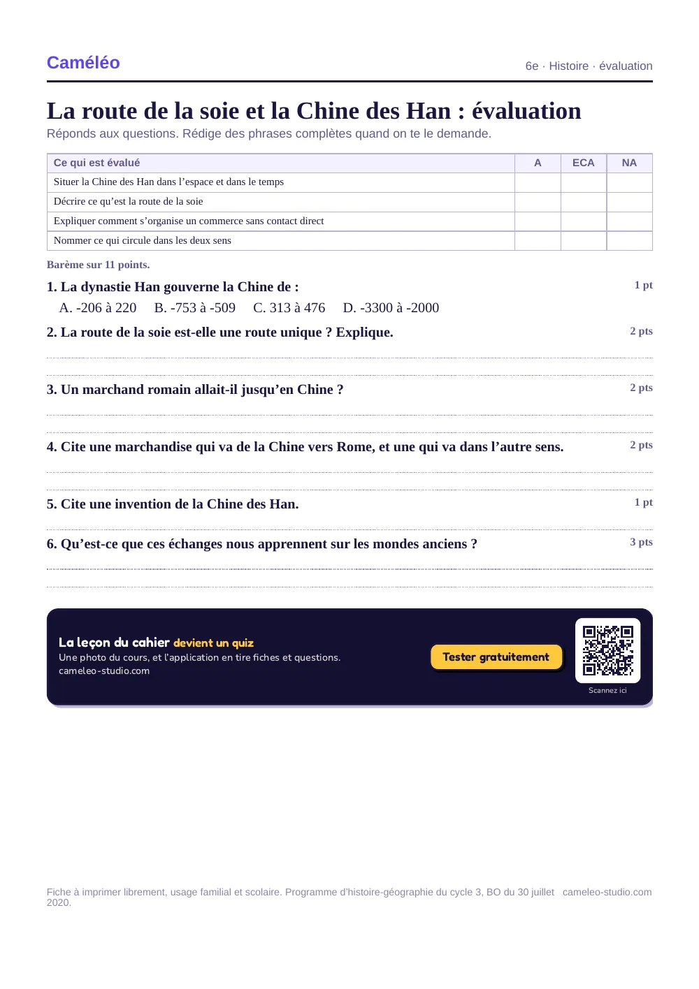Évaluation à imprimer : L’évaluation à imprimer, avec sa correction, 6e