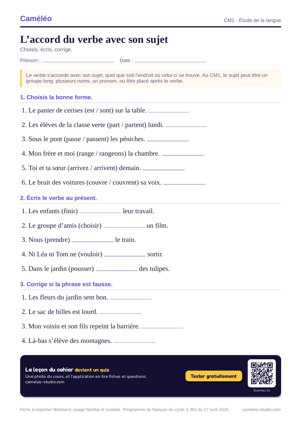 Exercices à imprimer : L’accord du verbe avec son sujet, CM1