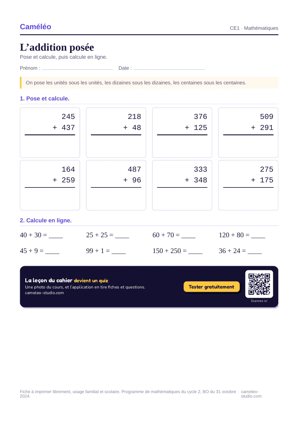 Exercices à imprimer : L’addition posée au CE1
