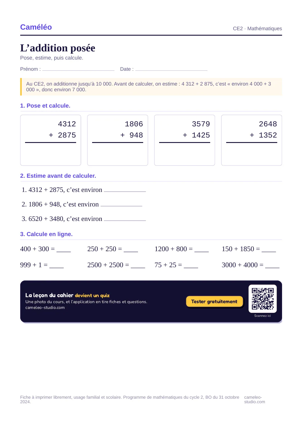 Exercices à imprimer : L’addition posée jusqu’à 10 000, CE2