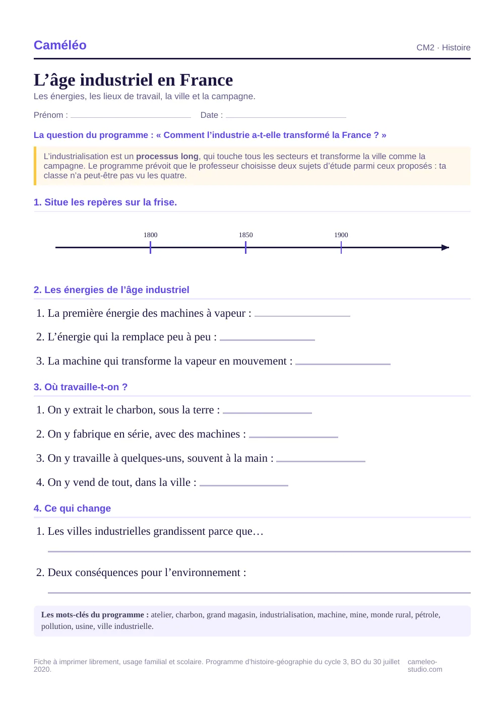 Exercices à imprimer : L’âge industriel en France, CM2