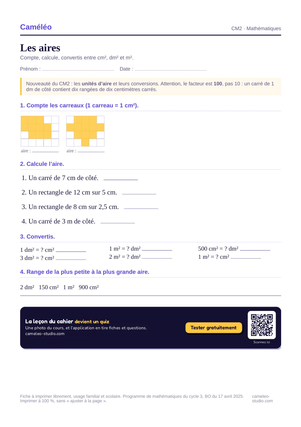 Exercices à imprimer : Les aires au CM2