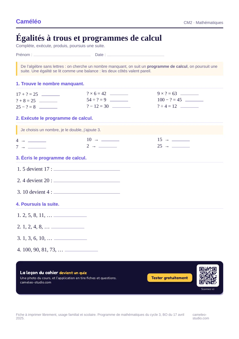 Exercices à imprimer : Égalités à trous et programmes de calcul, CM2