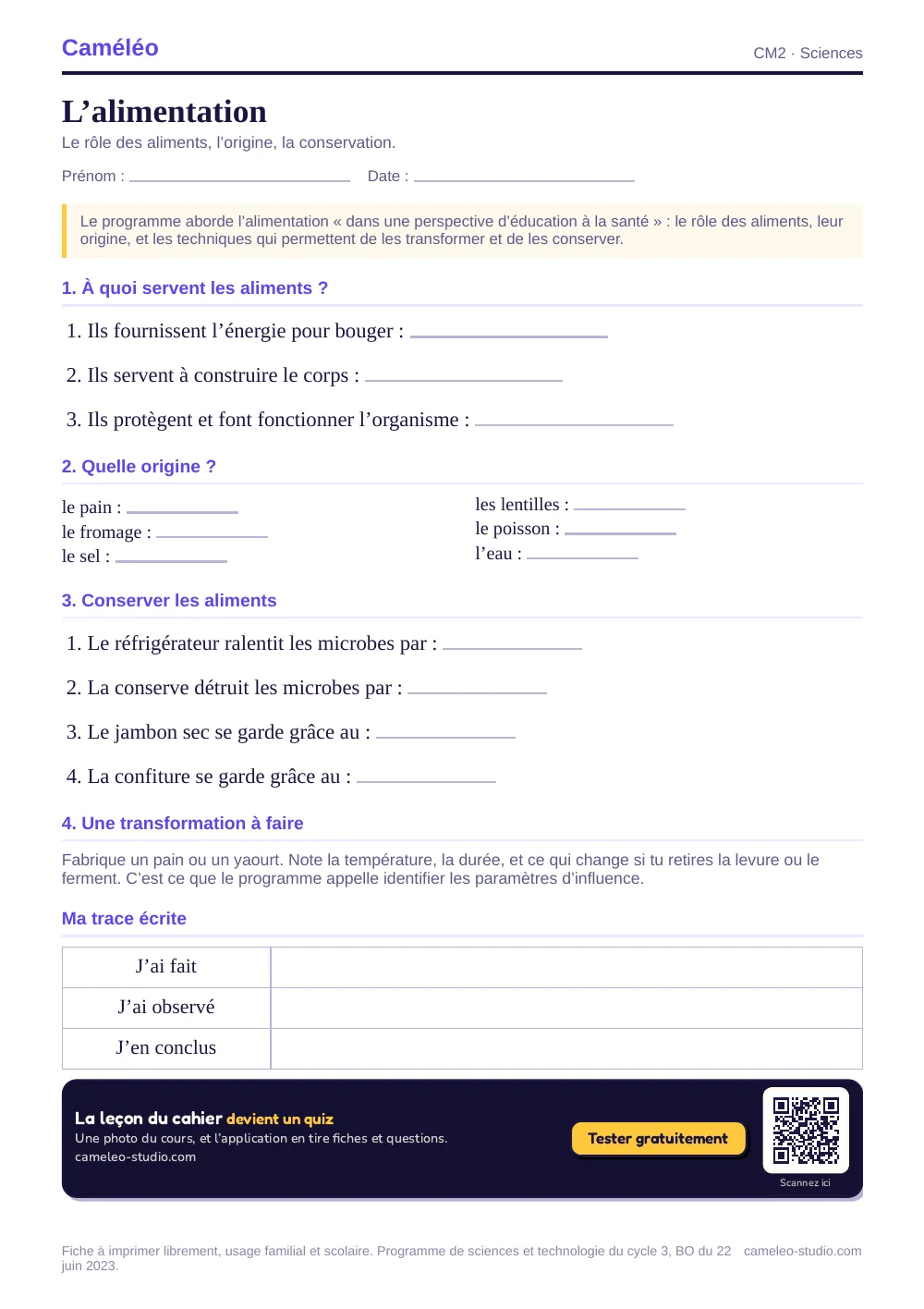 Exercices à imprimer : L’alimentation au CM2