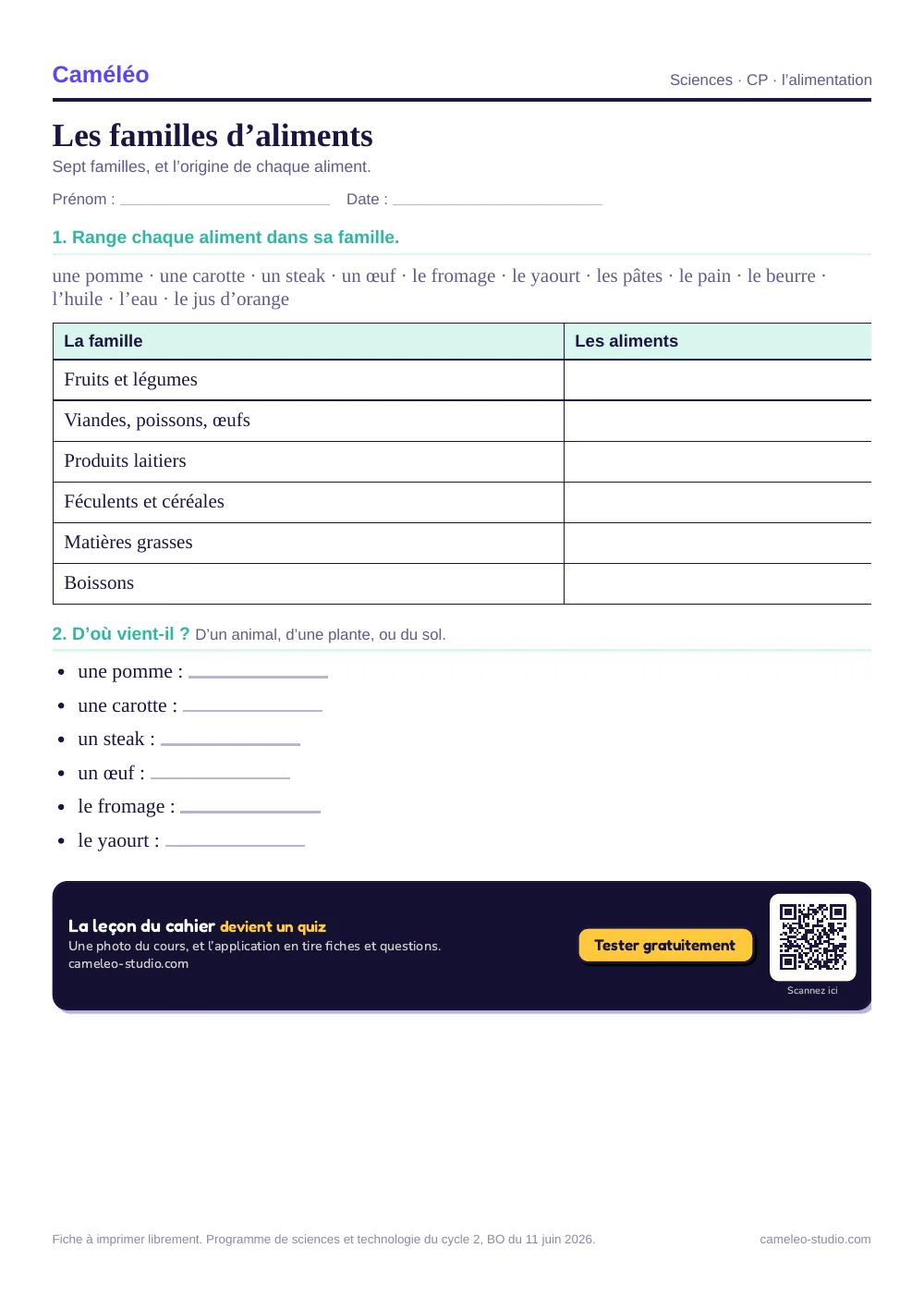 Exercices à imprimer : Les familles d’aliments, CP