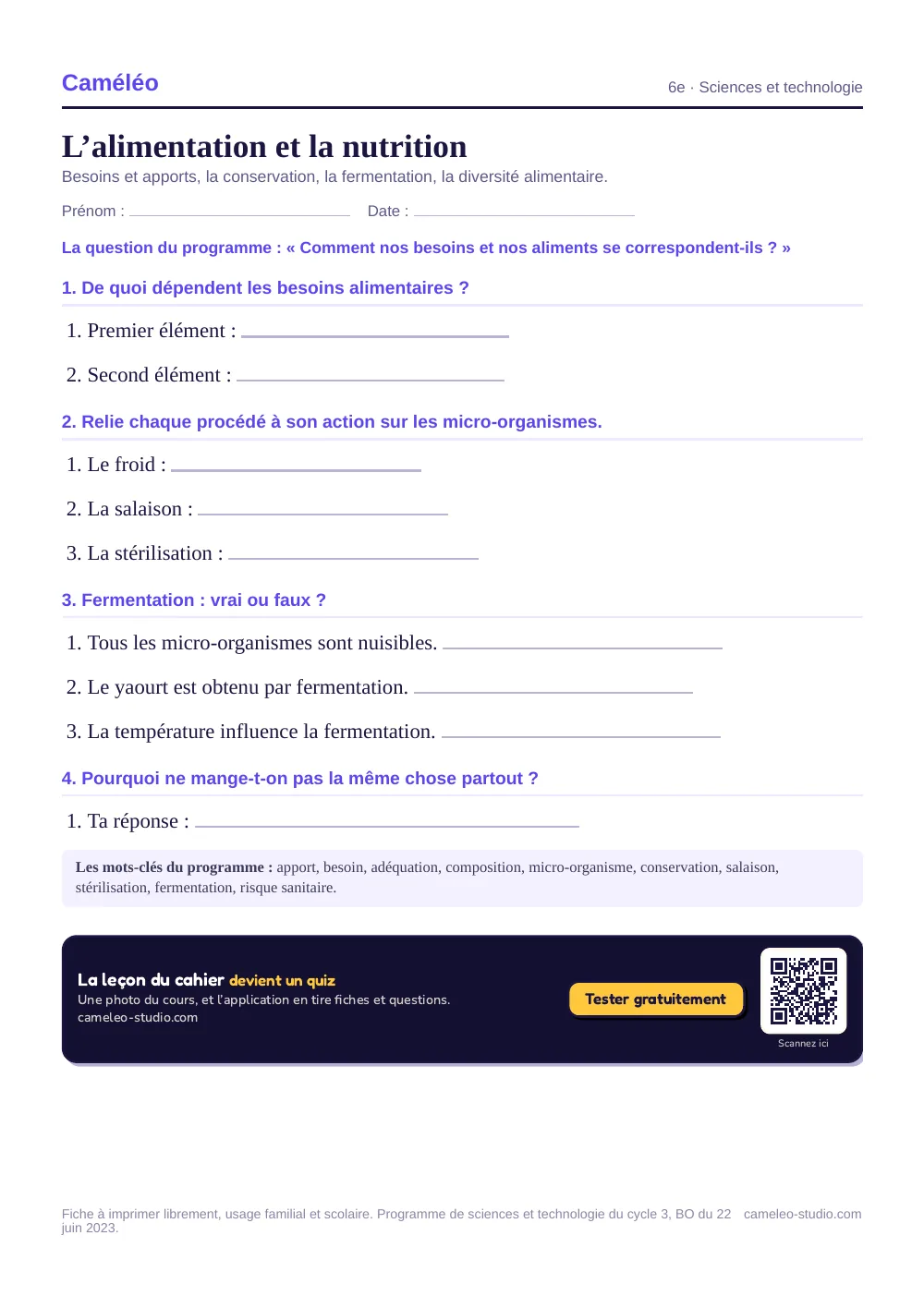 Exercices à imprimer : L’alimentation et la nutrition, 6e