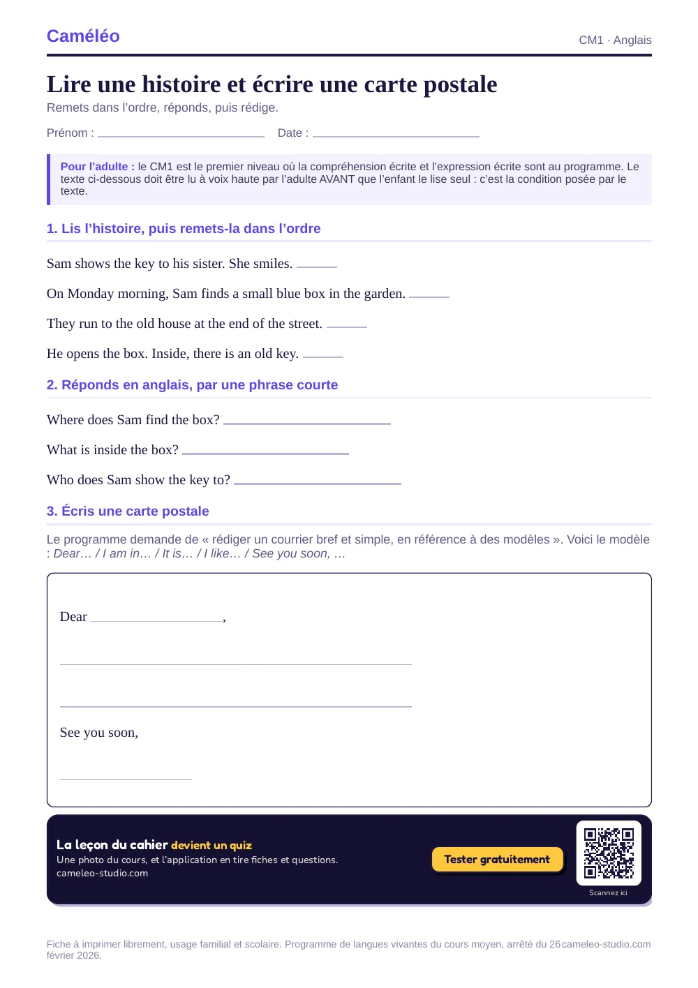 Exercices à imprimer : Lire une histoire et écrire une carte postale, CM1