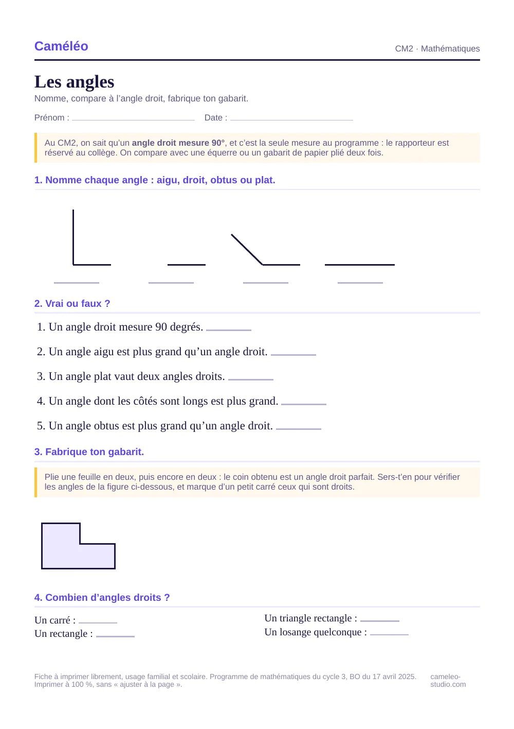 Exercices à imprimer : Les angles au CM2