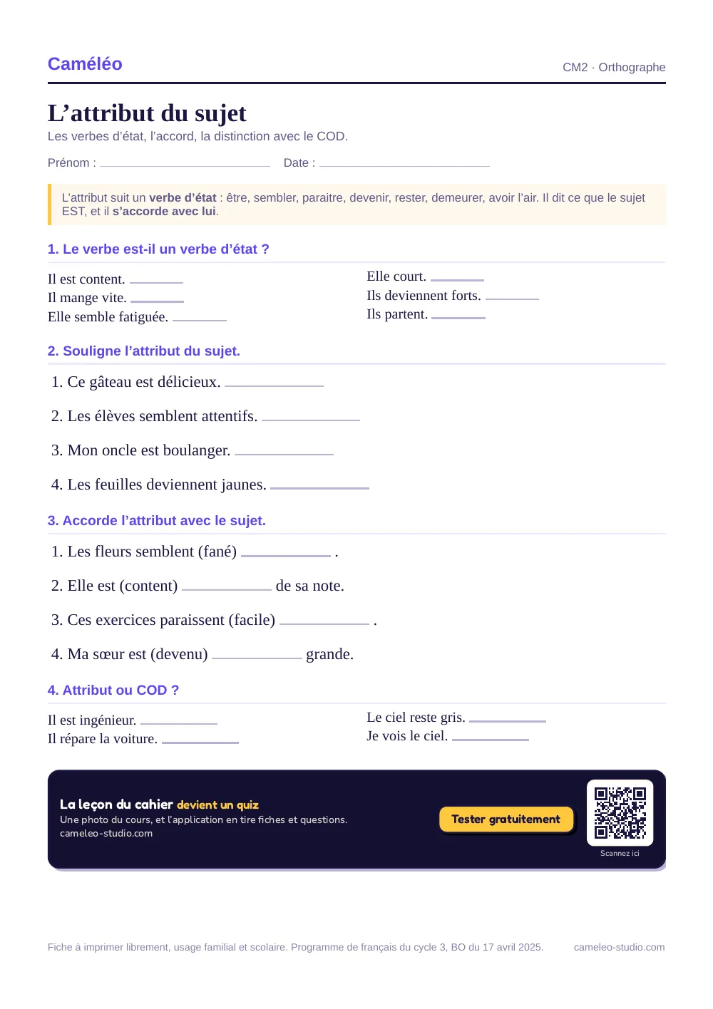 Exercices à imprimer : L’attribut du sujet au CM2