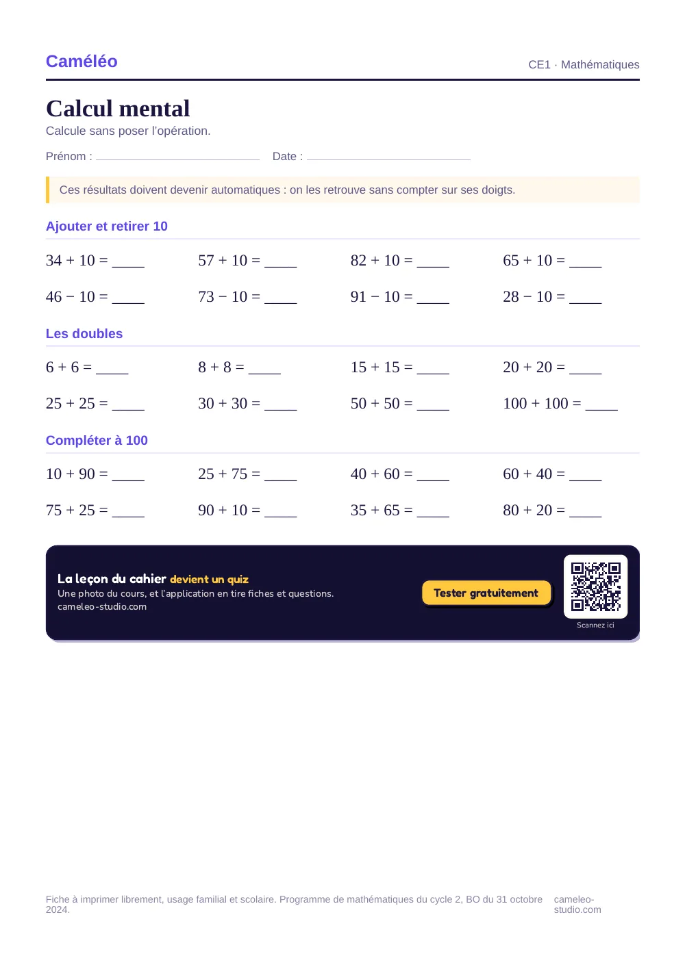 Exercices à imprimer : Calcul mental au CE1
