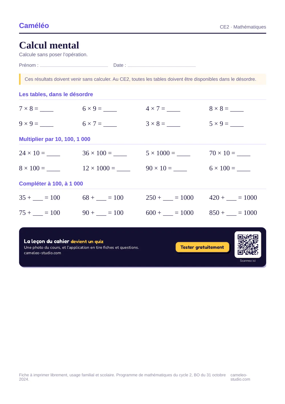 Exercices à imprimer : Calcul mental CE2