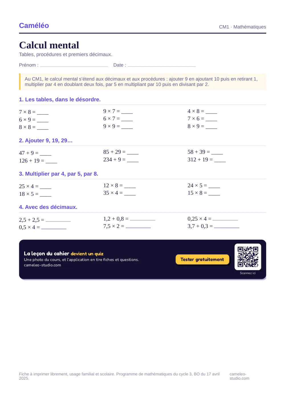 Exercices à imprimer : Calcul mental CM1