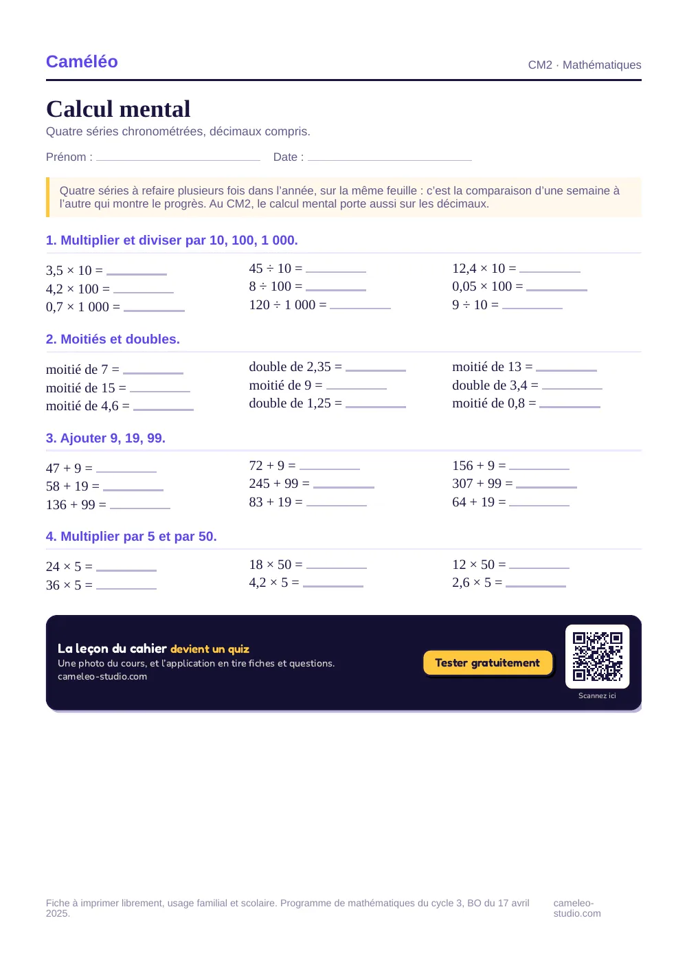 Exercices à imprimer : Calcul mental CM2