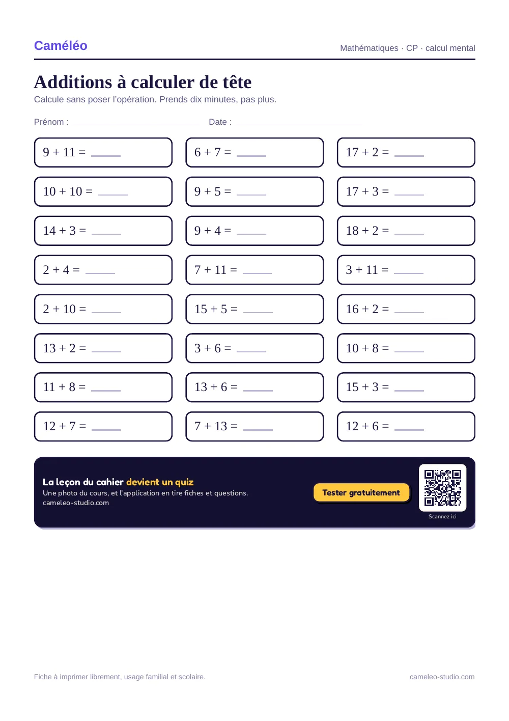 Exercices à imprimer : Additions à calculer de tête, CP