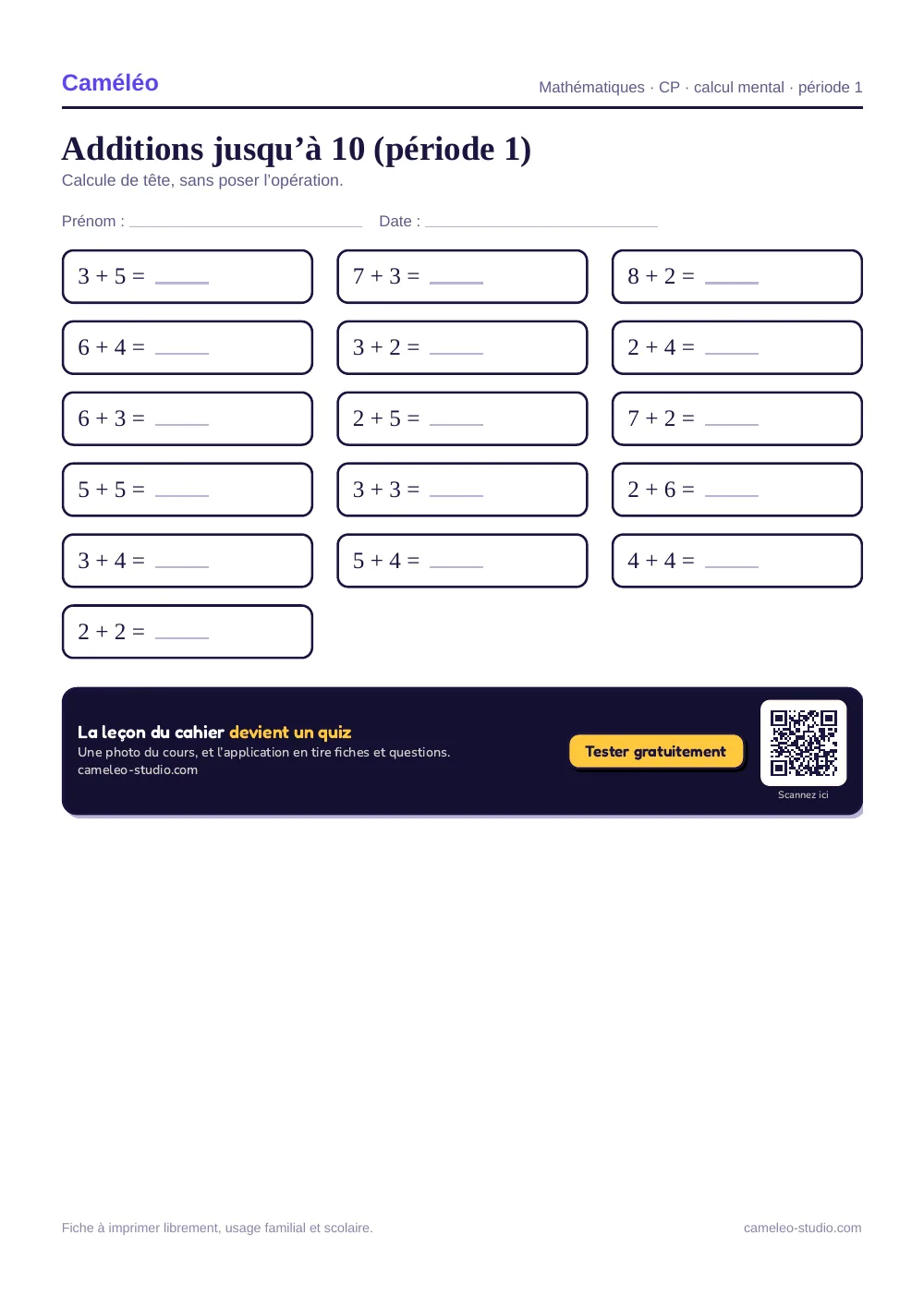 Exercices à imprimer : Additions jusqu’à 10, CP