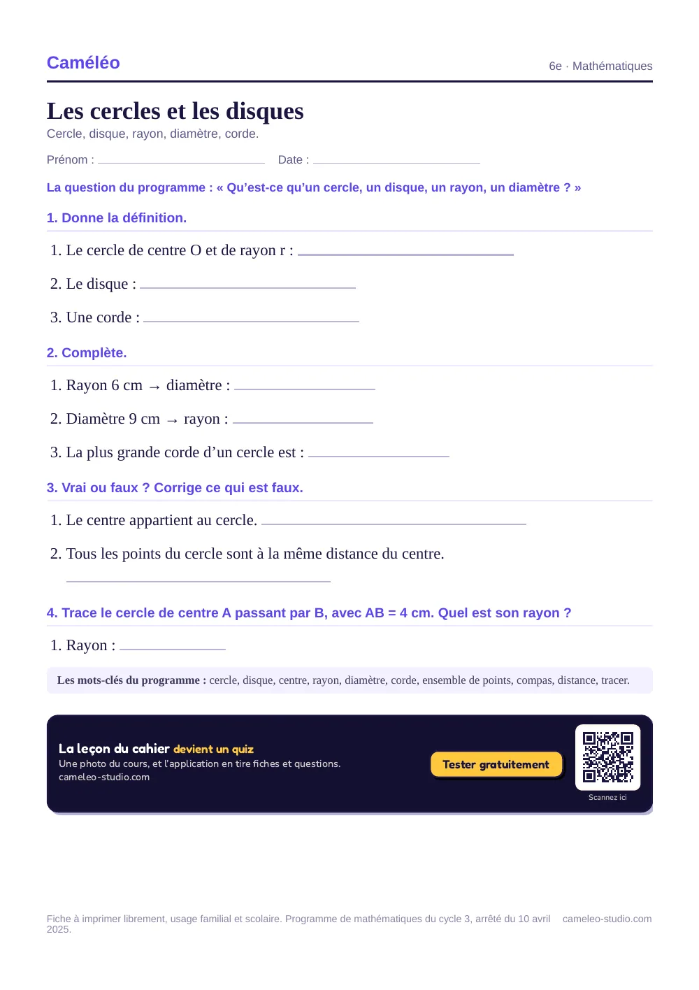 Exercices à imprimer : Les cercles et les disques, 6e
