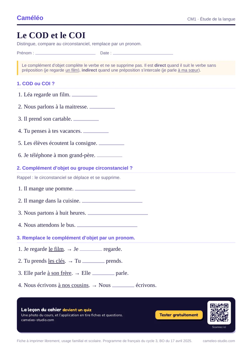 Exercices à imprimer : Le COD et le COI, CM1