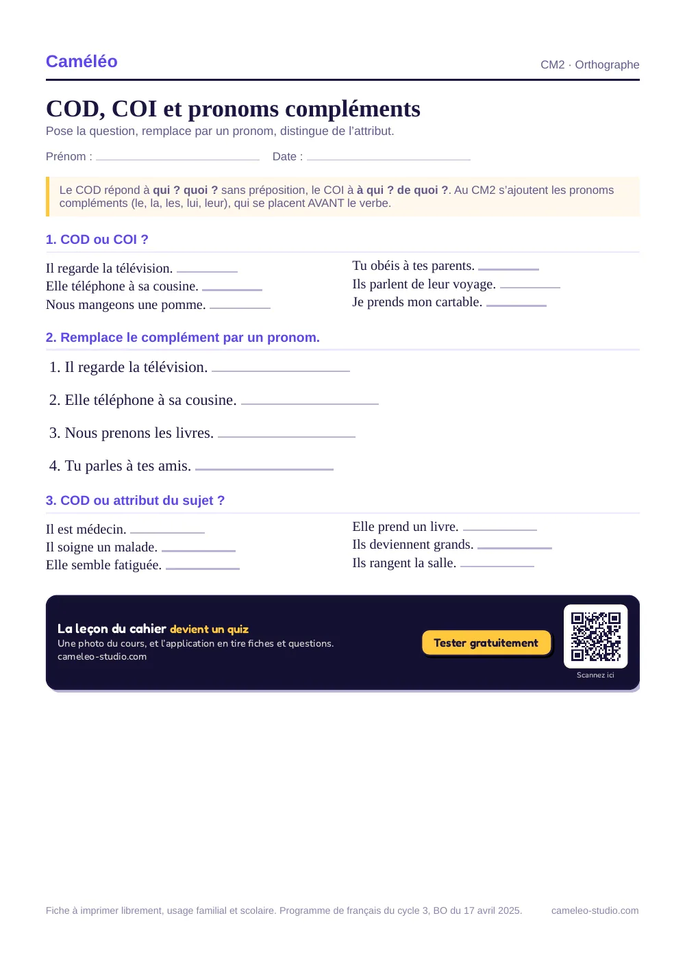 Exercices à imprimer : COD, COI et pronoms compléments, CM2