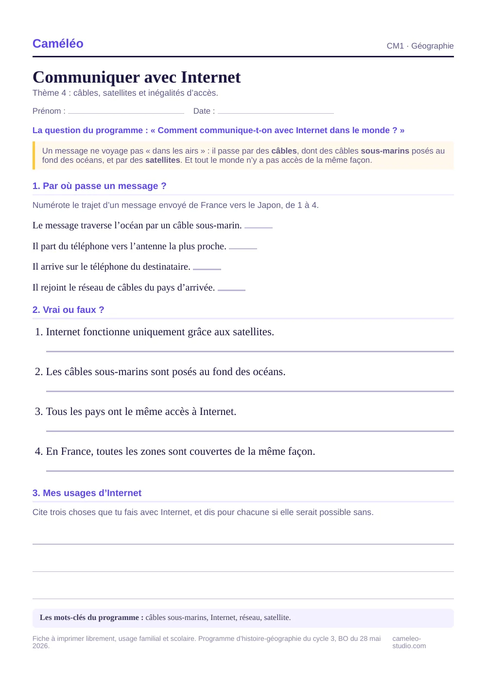 Exercices à imprimer : Communiquer avec Internet, CM1