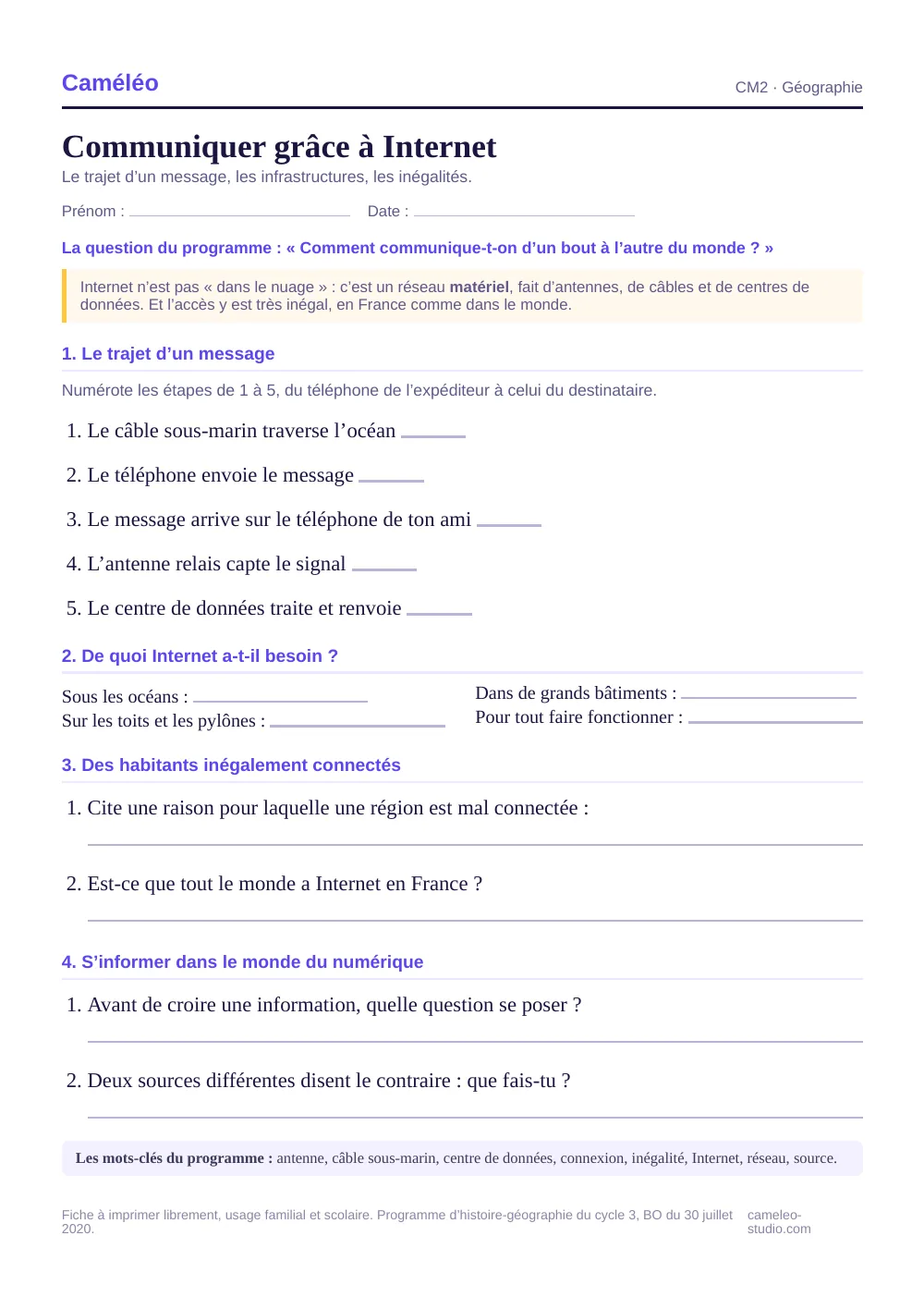 Exercices à imprimer : Communiquer grâce à Internet, CM2