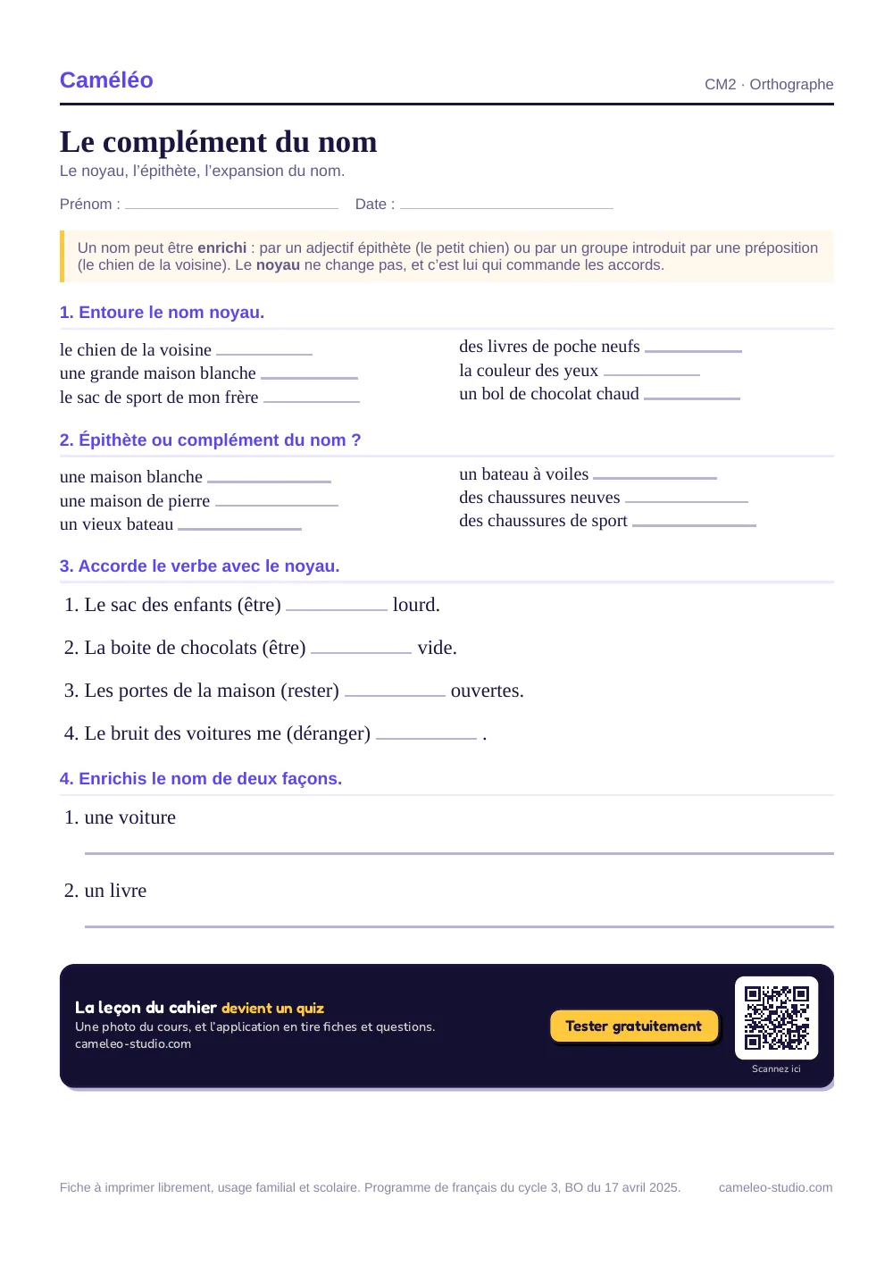 Exercices à imprimer : Le complément du nom au CM2