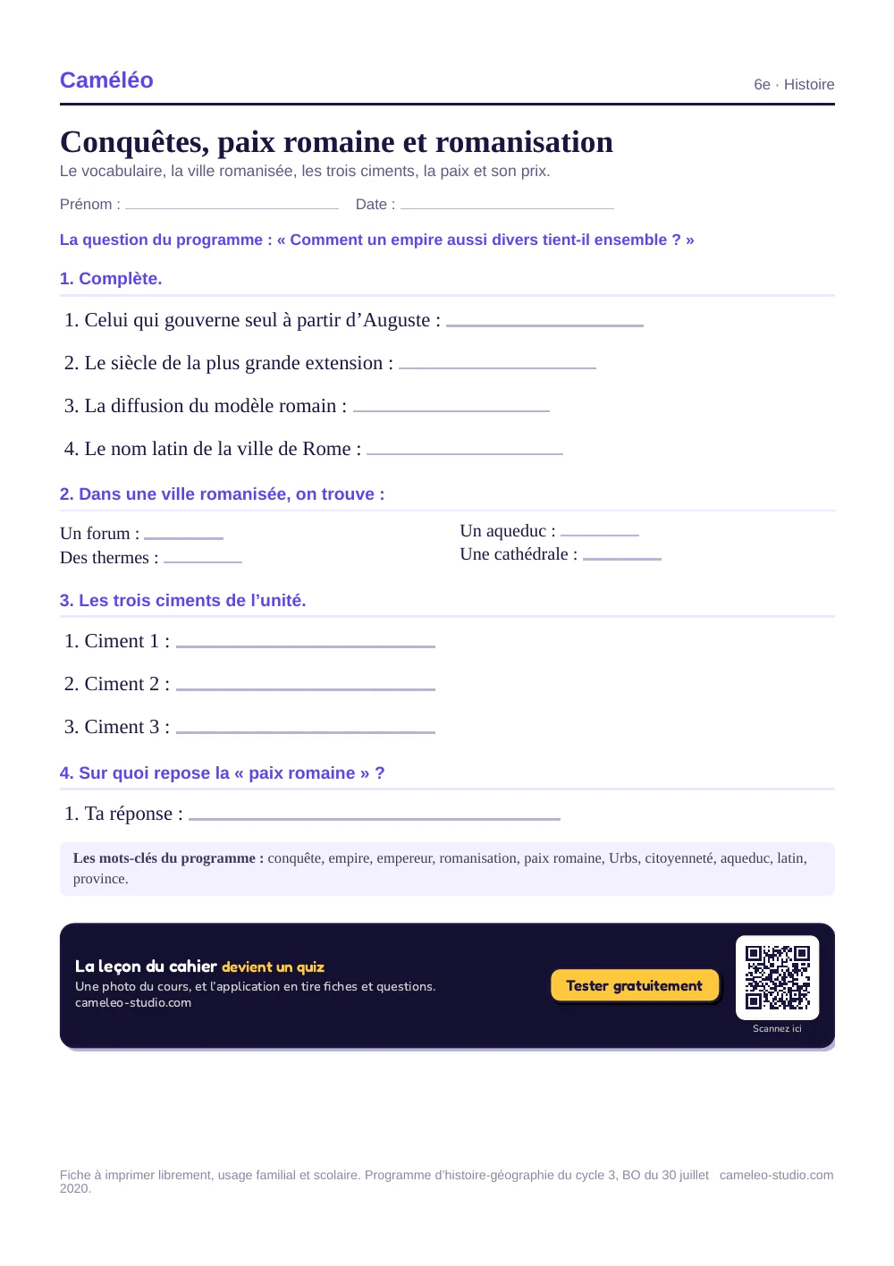 Exercices à imprimer : Conquêtes, paix romaine et romanisation, 6e