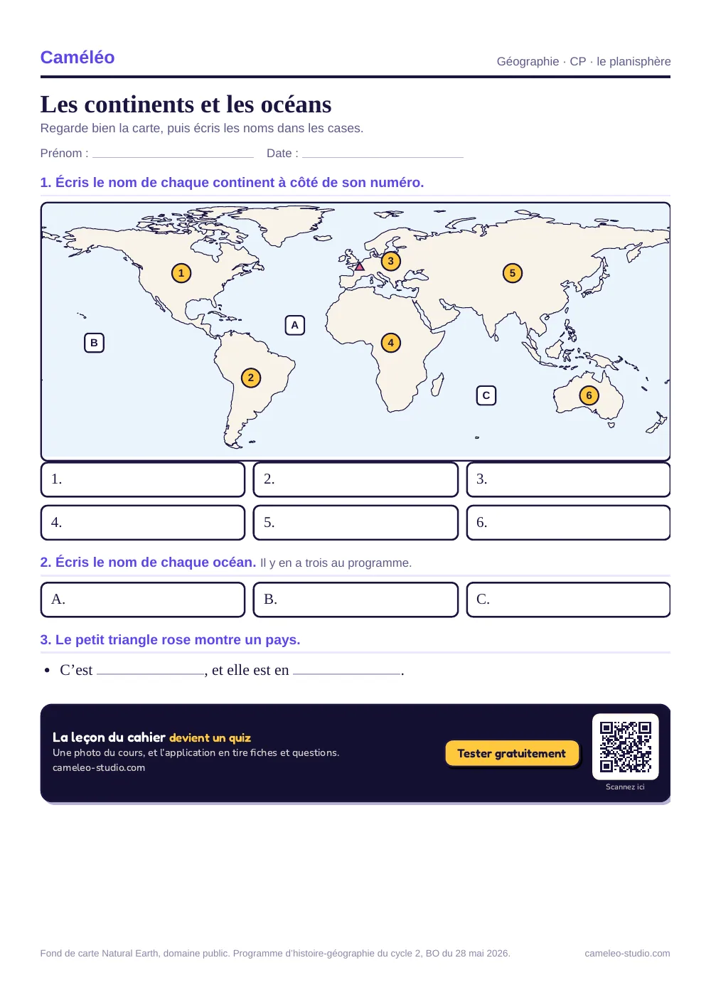 Exercices à imprimer : Les continents et les océans, CP