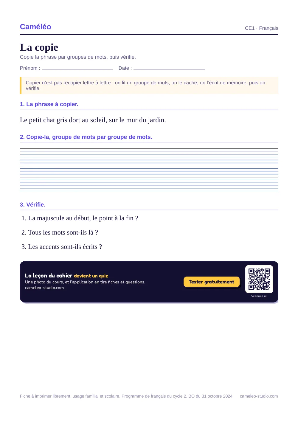 Exercices à imprimer : La copie au CE1