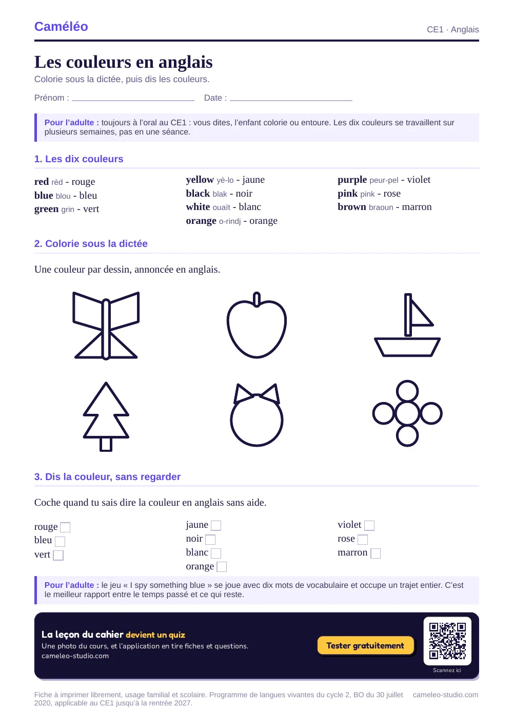 Exercices à imprimer : Les couleurs en anglais au CE1