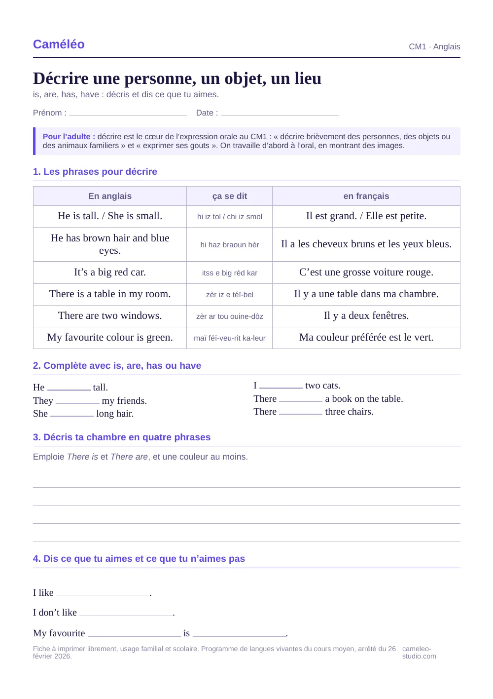 Exercices à imprimer : Décrire une personne, un objet, un lieu, CM1