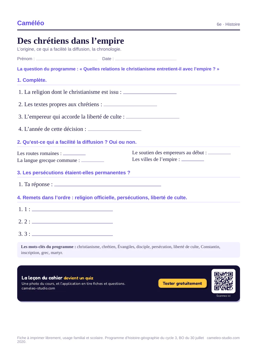 Exercices à imprimer : Des chrétiens dans l’empire, 6e